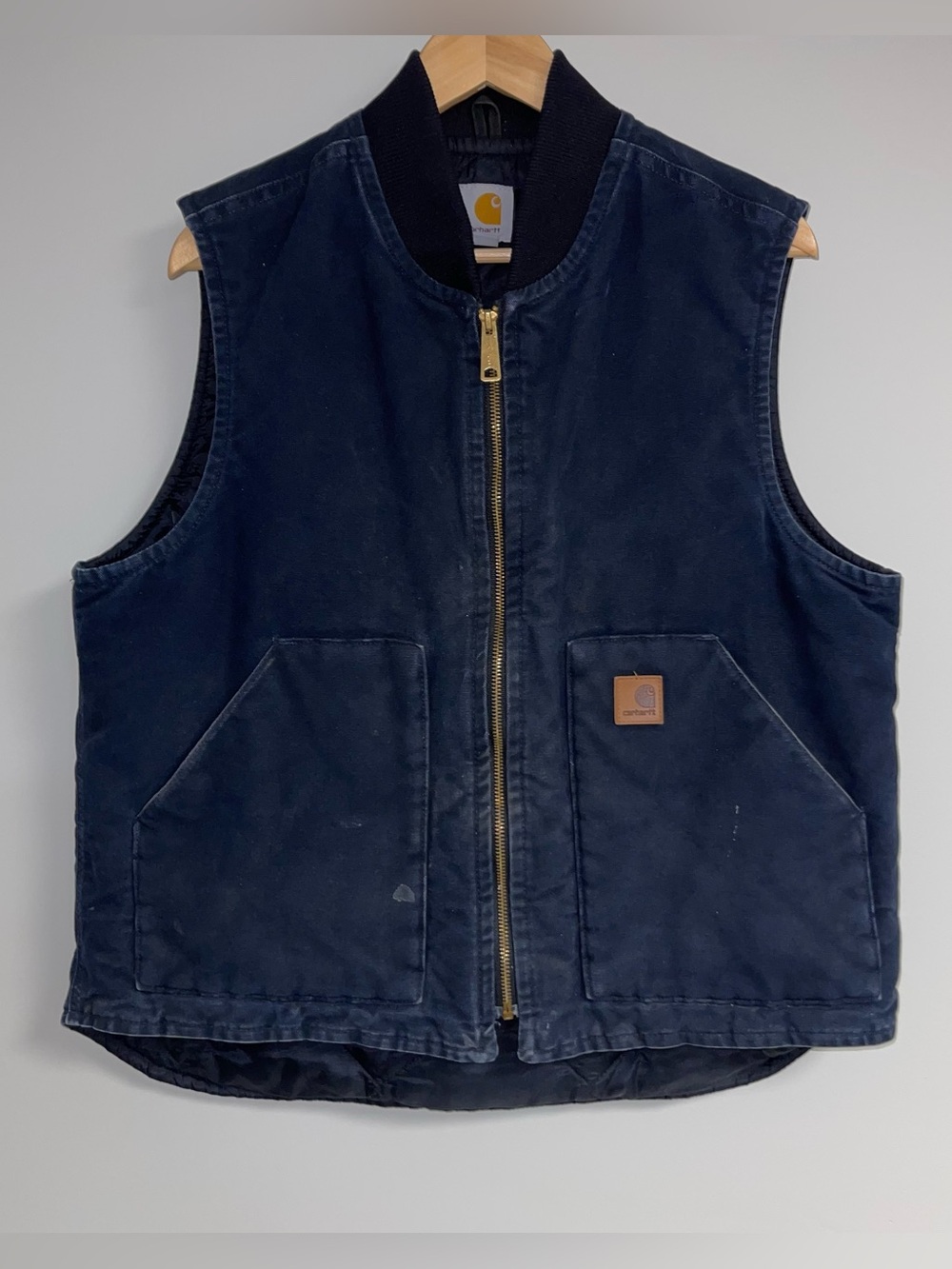 CARHARTT Vest Men's Large Navy Blue Sandstone Arctic Quilt Lined Sleeveless Work